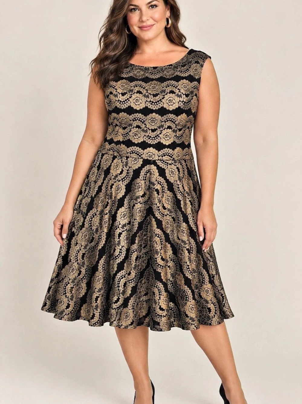 SLNY Floral Lace Midi Dress Black Gold Size 14 Like New